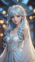 Elegant Elf Woman with Blue Hair and Gown in Dreamy Setting photo