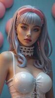 Portrait of a Girl with Wavy Hair and Pink Accessories Smiling photo