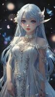 Anime Girl Portrait in Elegant White Dress with Glowing Accessories and Accents photo