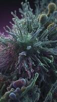 Detailed Microscopic View of a Cell with Surface Protrusions and Purple Hues photo