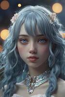 Portrait of a Young Woman with Blue Hair and Ornate Necklace photo