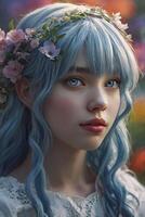 Woman with Blue Hair and Flower Crown Staring Dreamily Portrait photo