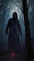 Grim Reaper Figure Standing in Dark Forest with Red Eyes Glowing photo