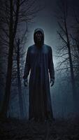 Spooky Grim Reaper Figure in Dark Forest with Red Eyes Glowing photo