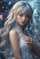 Elegant Woman with Silver Hair and Blue Eyes in Dreamy Setting photo