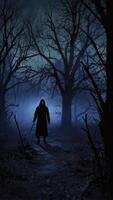 Figure in Cloak with Glowing Eyes Standing in Misty Spooky Forest photo