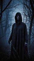 Creepy Figure in Dark Hooded Cloak Standing in Misty Forest photo