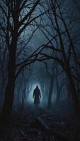 Figure Walking Through Dark Forest with Trees in Foggy Night photo