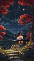 Japanese House at Night Under Starry Sky with Autumn Foliage photo