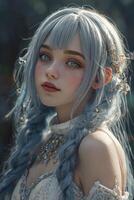 Woman with Silver Hair and Blue Eyes in Fantasy Portrait Style photo