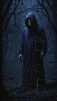 Cloaked Figure with Glowing Red Eyes Standing in Dark, Foggy Forest photo