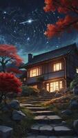 Japanese House at Night Under Starry Sky with Autumn Trees photo