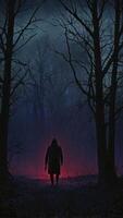 Hooded Figure Stands in Dark Forest with Eerie Red Glow photo