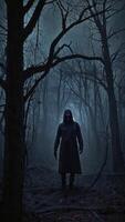 Mysterious Figure in Dark Forest with Glowing Eyes and Long Coat photo