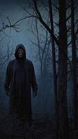 Creepy Grim Reaper in Black Cloak with Glowing Red Eyes in Woods photo