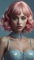 Portrait of a Woman with Pink Hair and Blue Outfit Staring photo