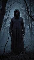 Grim Reaper in Dark Forest with Glowing Red Eyes photo