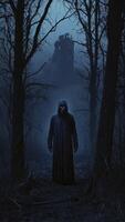 Mysterious Figure in Forest with Glowing Eyes and Castle Silhouette photo