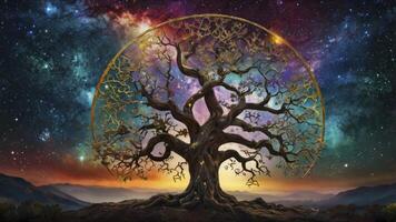 Magical Tree of Life Against a Colorful Galaxy Background Artwork photo