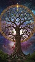 Mystical Tree of Life with Stars and Galaxy Background Illustration photo