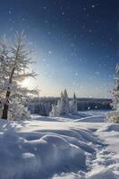 Snow Falling Over a Winter Forest with Clear Blue Sky and Sunshine photo