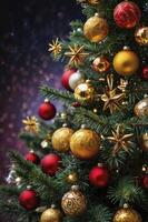 Decorating Christmas Tree with Gold and Red Ornaments and Star Toppers photo