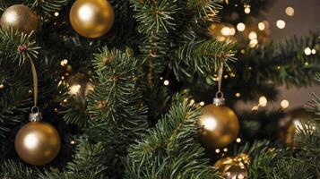 Decorated Christmas Tree with Golden Ornaments and Twinkling Lights photo