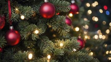Decorating Christmas Tree with Red Ornaments and Festive String Lights photo