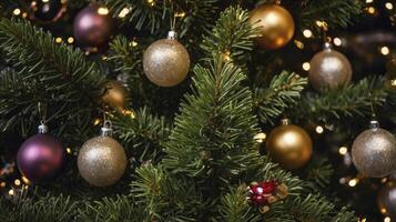 Decorated Christmas Tree with Golden and Purple Baubles and Fairy Lights photo