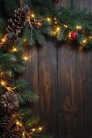 Christmas Fir Branch with Pine Cones and Lights on Wooden Board photo