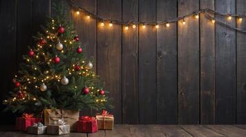 Decorated Christmas Tree with Gifts and String Lights on Wooden Background photo