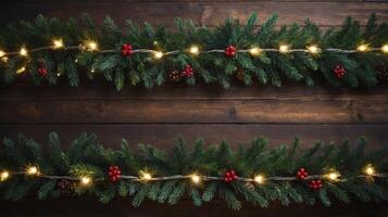 Festive Christmas Garland with Lights and Berries on Wood Background photo