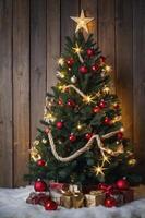 Decorated Christmas Tree with Star Topper and Gifts on Fluffy Rug photo