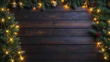 Christmas Garland and Lights on Rustic Dark Wood Background Holiday Backdrop photo