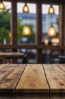 Rustic Wooden Table in Cafe Restaurant with Blurred Window and Lights photo