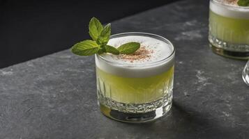 Refreshing Cocktail with Mint Sprig on Gray Surface Background photo