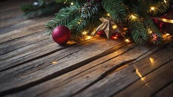 Christmas Tree Decoration with Lights on Rustic Wooden Table Background photo