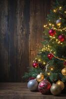 Decorated Christmas Tree with Lights and Ornaments on Wooden Surface photo