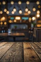 Rustic Wooden Tabletop with Blurred Restaurant Background and Warm Lighting photo