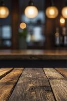 Rustic Wooden Table in a Warmly Lit Bar or Restaurant Setting photo