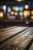 Rustic Wood Table Surface with Bokeh Lights in Blurred Background photo