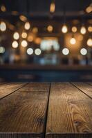 Rustic Wooden Table Surface with Blurred Restaurant Lights Background Scene photo