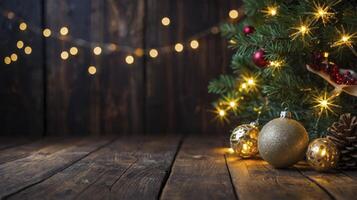 Festive Christmas Ornaments and Pine Tree on Wooden Table with Lights photo