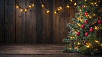 Decorated Christmas Tree on Wooden Background with Warm Festive Lights photo