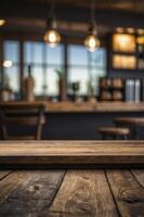 Rustic Wooden Table in Cafe with Blurry Background and Hanging Lights photo