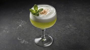 Refreshing Green Cocktail with Frothy Topping and Mint Garnish on Dark Surface photo