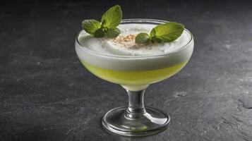 Refreshing Green Dessert with Cream Topping and Mint Garnishment photo