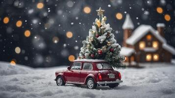 Red Car Carrying Christmas Tree Home Through Snowy Winter Landscape photo
