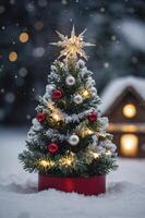 Decorated Christmas Tree with Snowflake Topper in Snowy Winter Landscape photo