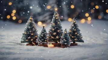 Mini Christmas Trees Glowing with Lights in a Snowy Winter Scene photo